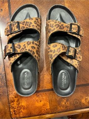 Arizona Jean Company Leopard Print Two-Band Slide Sandals - Black Footbed